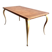Vintage coffee table with gold-gilded legs and light brown wood veneer geometric inlaid top