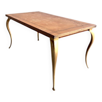Vintage coffee table with gold-gilded legs and light brown wood veneer geometric inlaid top