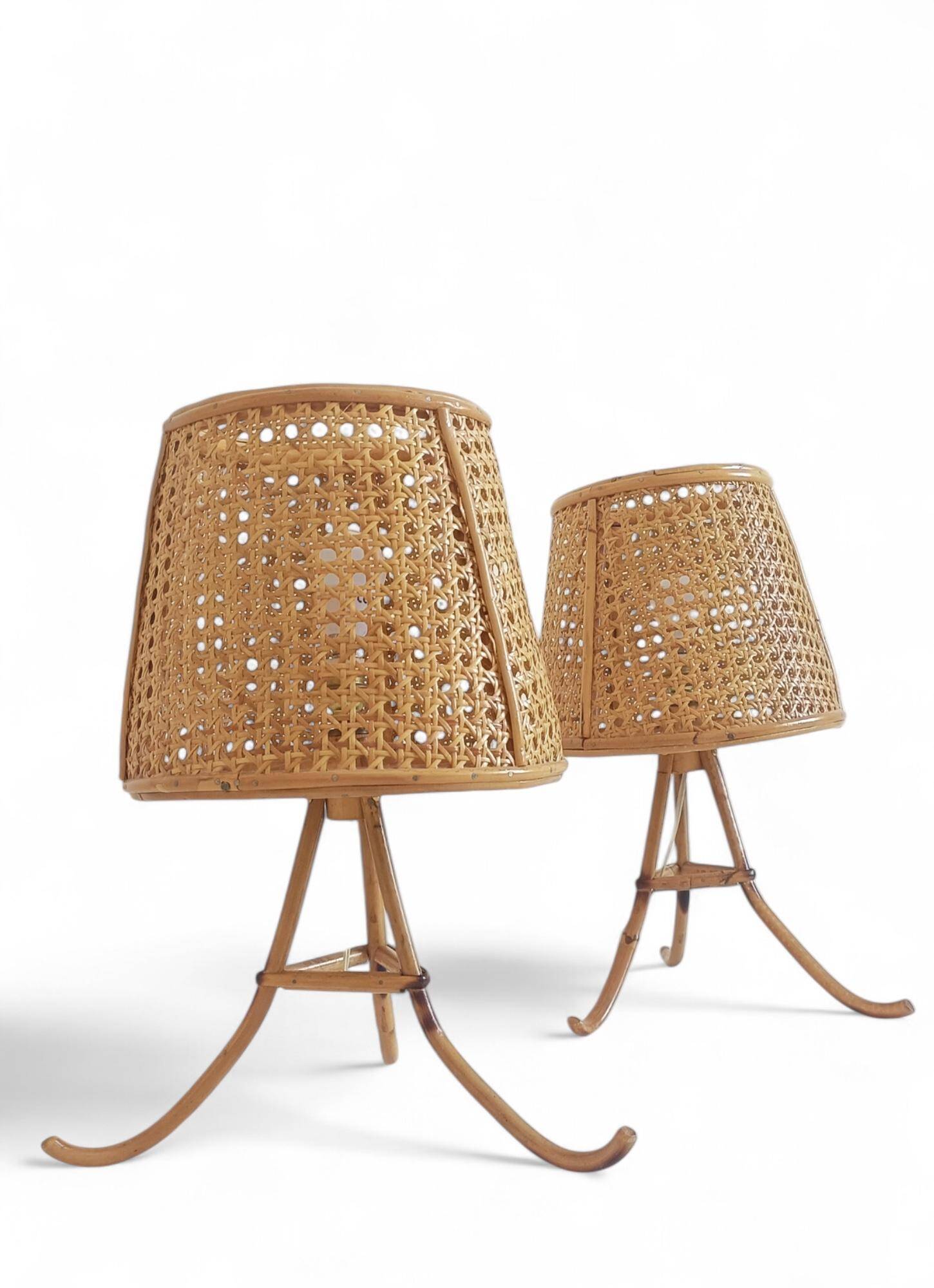 Mid-Century Bamboo and Cane Pair of Large Table Lamps By Louis Sognot, 1970s