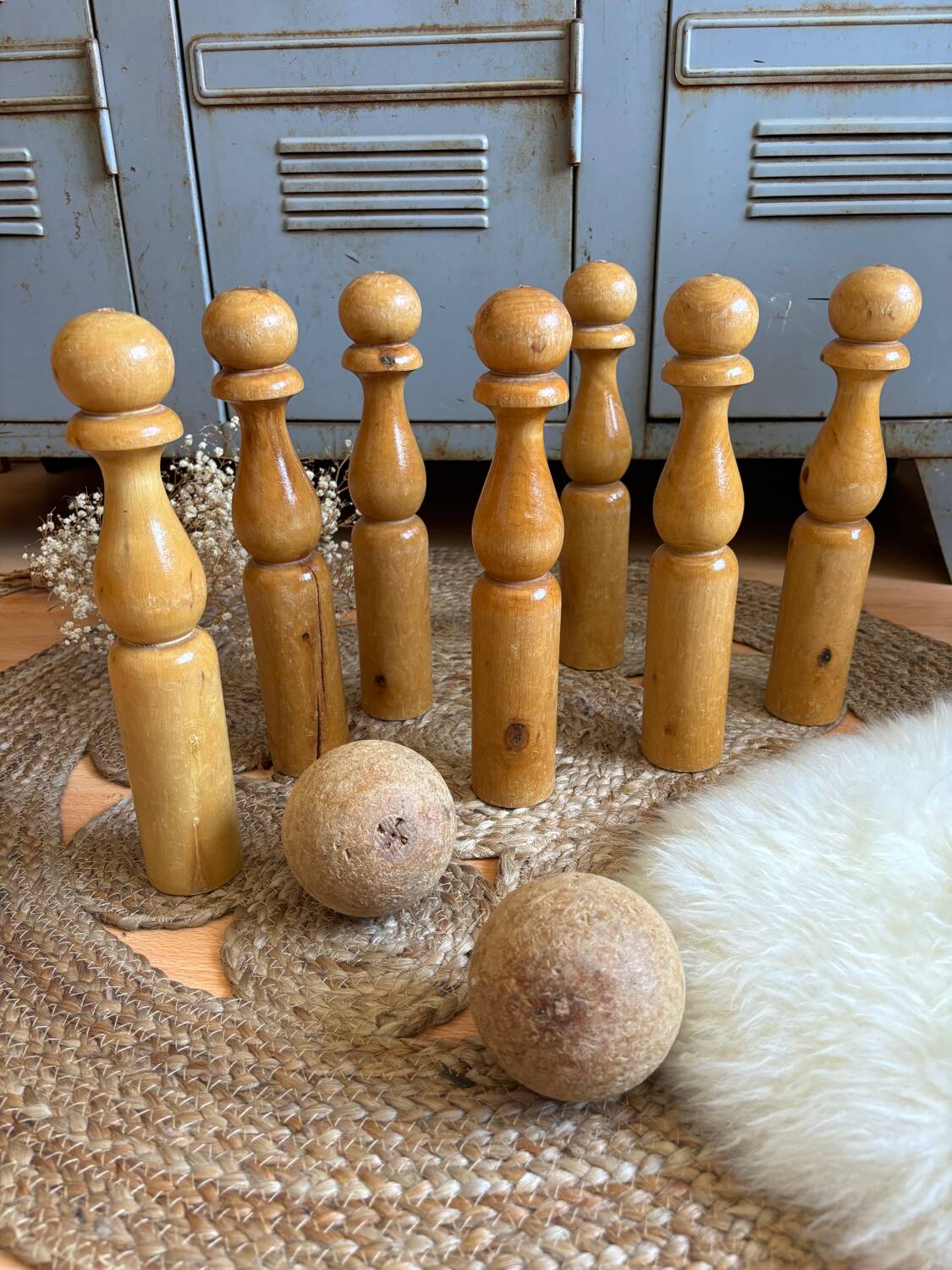 Old wooden bowling pins