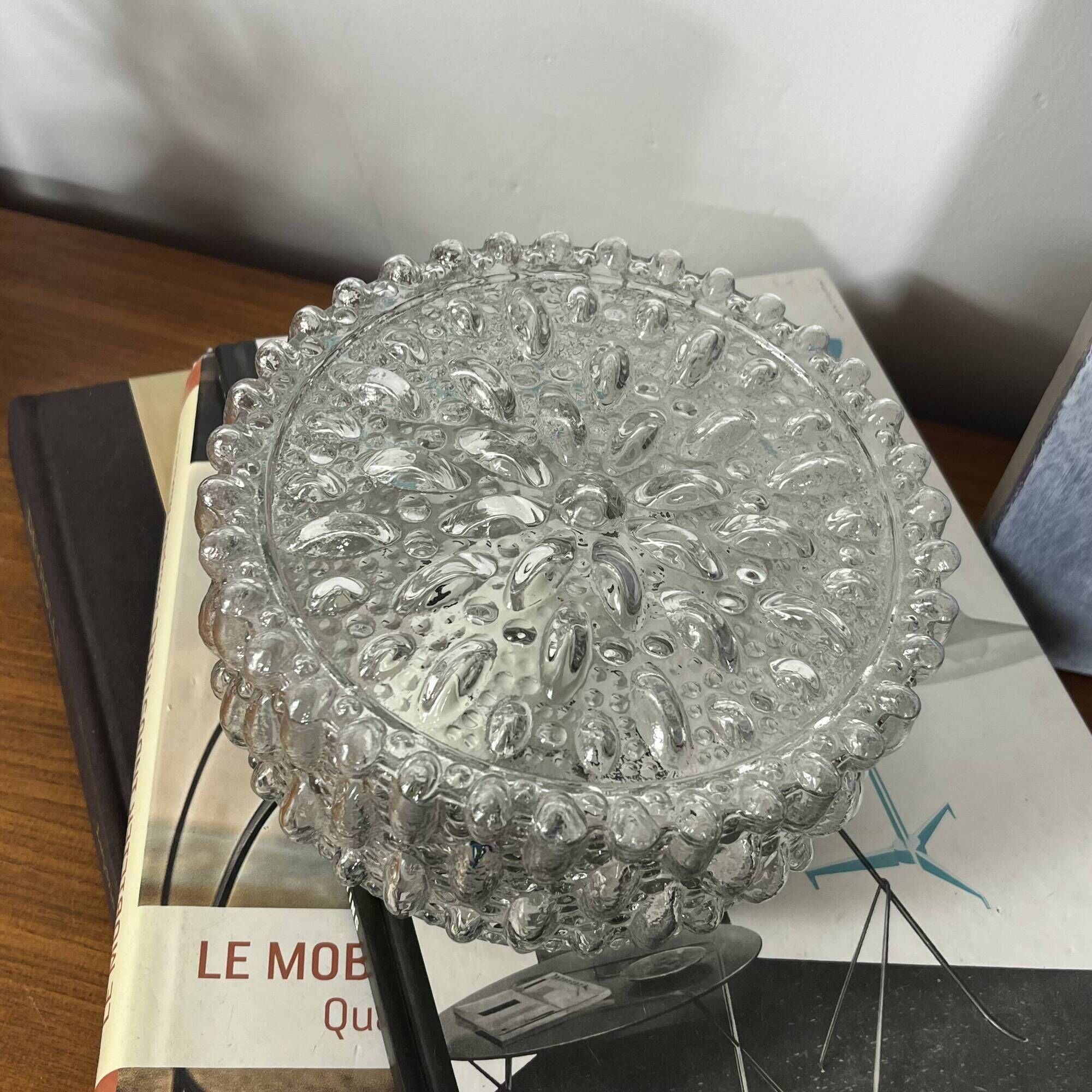 Small round wall light ceiling fixture in vintage moulded glass from the 1970s 1980s.