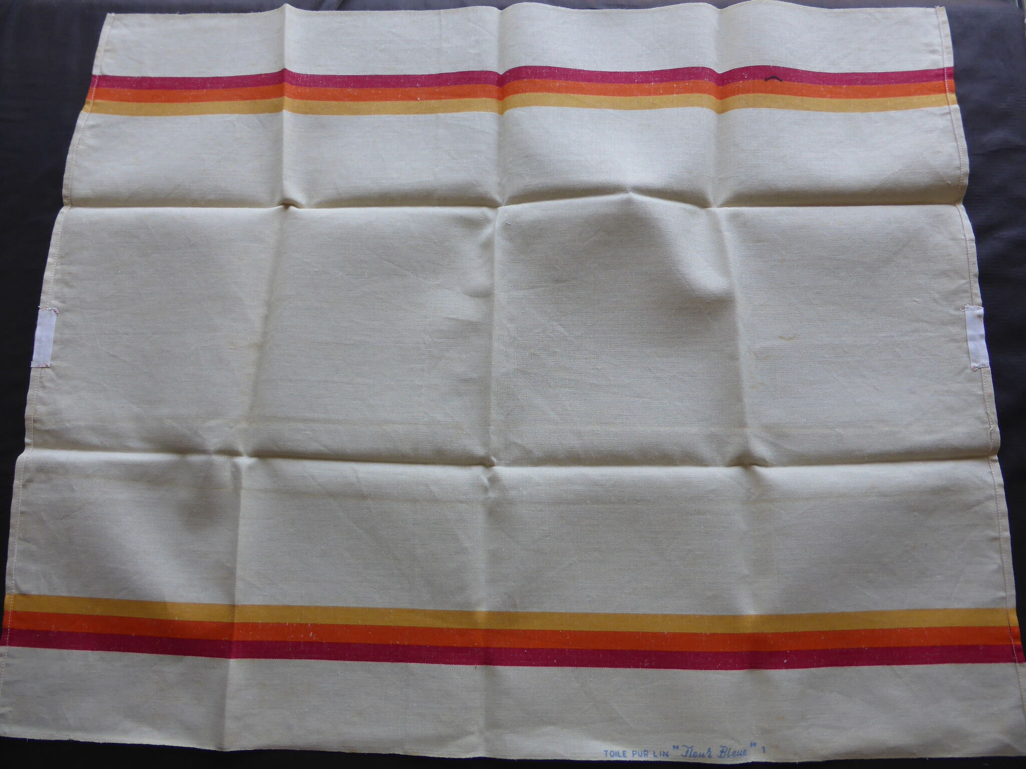 2 old linen towels with red bedding orange yellow-web pure linen quality blue flower