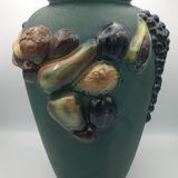 Green ceramic vase with polychrome decoration of fruits and vegetables in relief 33.5 cm