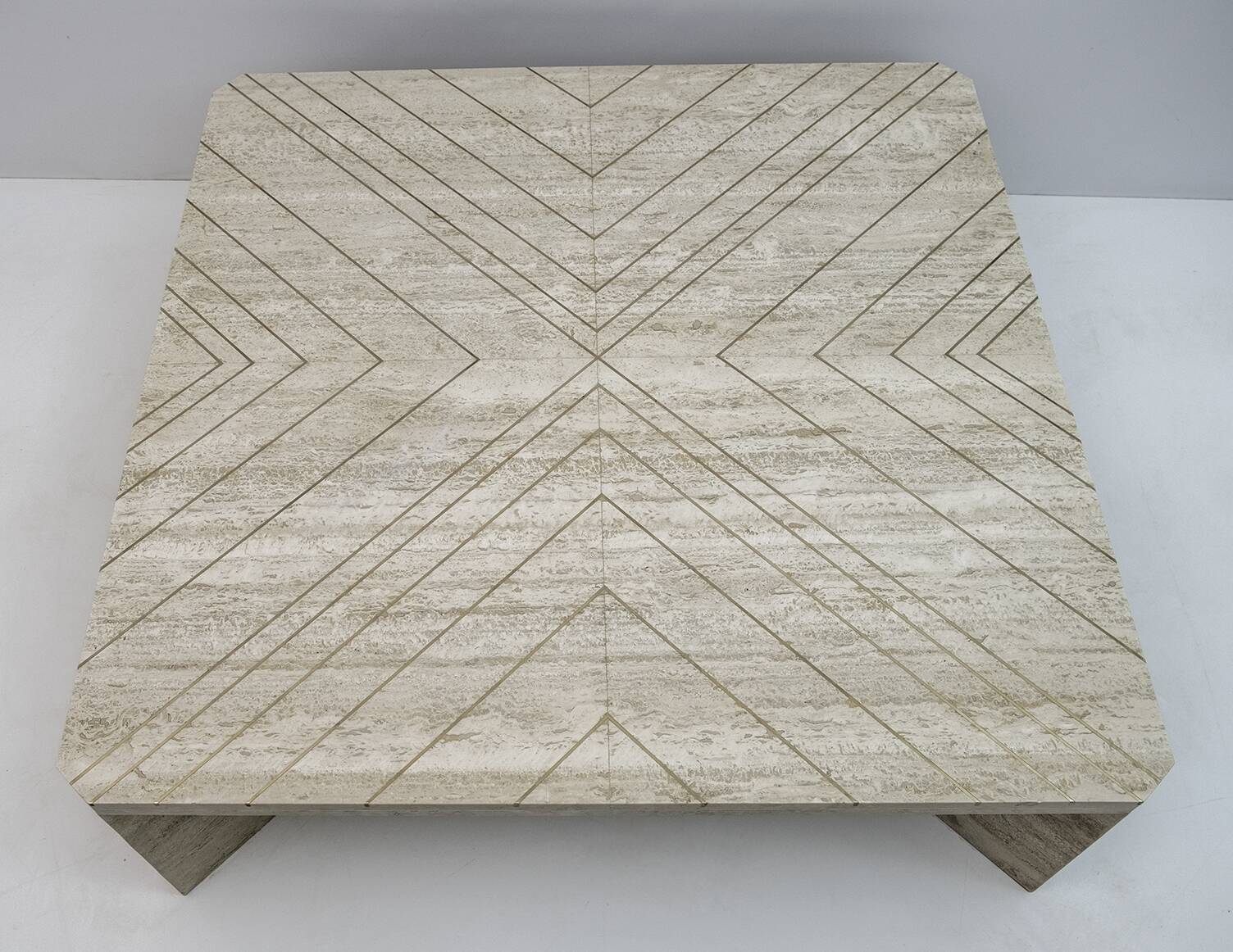 Mid-Century Italian Travertine Coffee Table with Brass Inlays, 70s