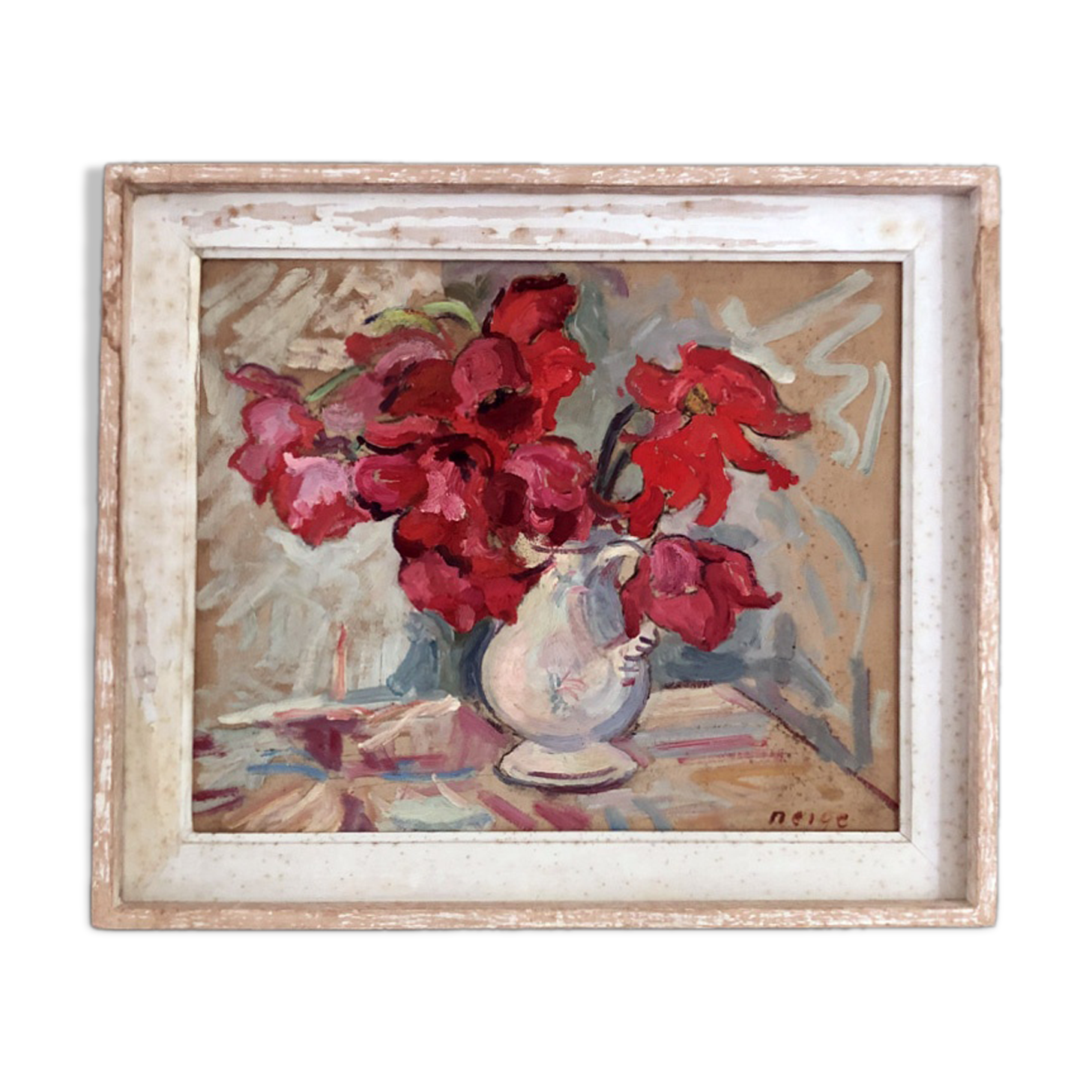 Table oil, still life, curly tulips