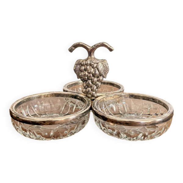 Ancien Serviteur Mendiant Porte Condiment Grappe Raison Métal Argenté Verre