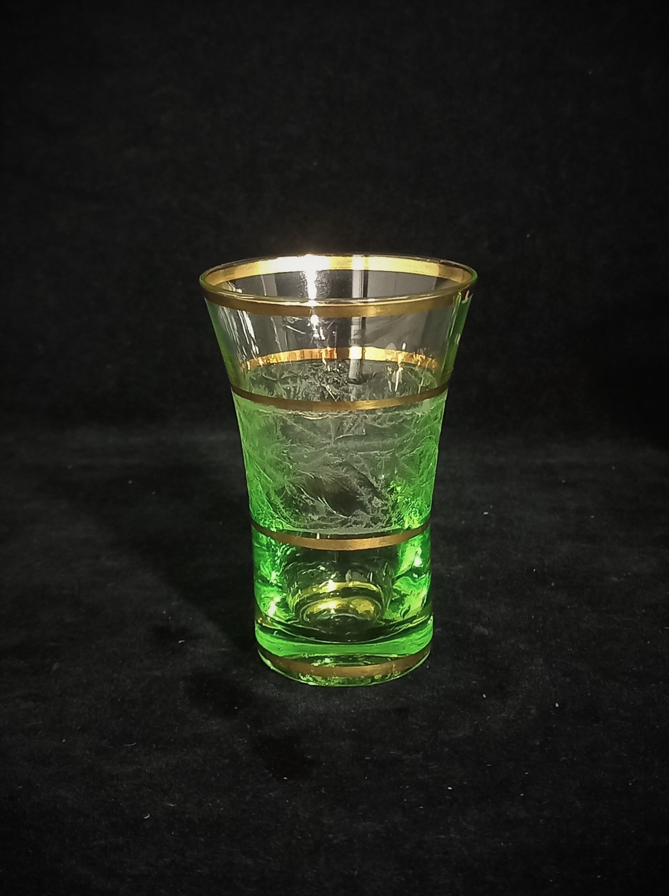 Art deco liqueur service in light green frosted glass