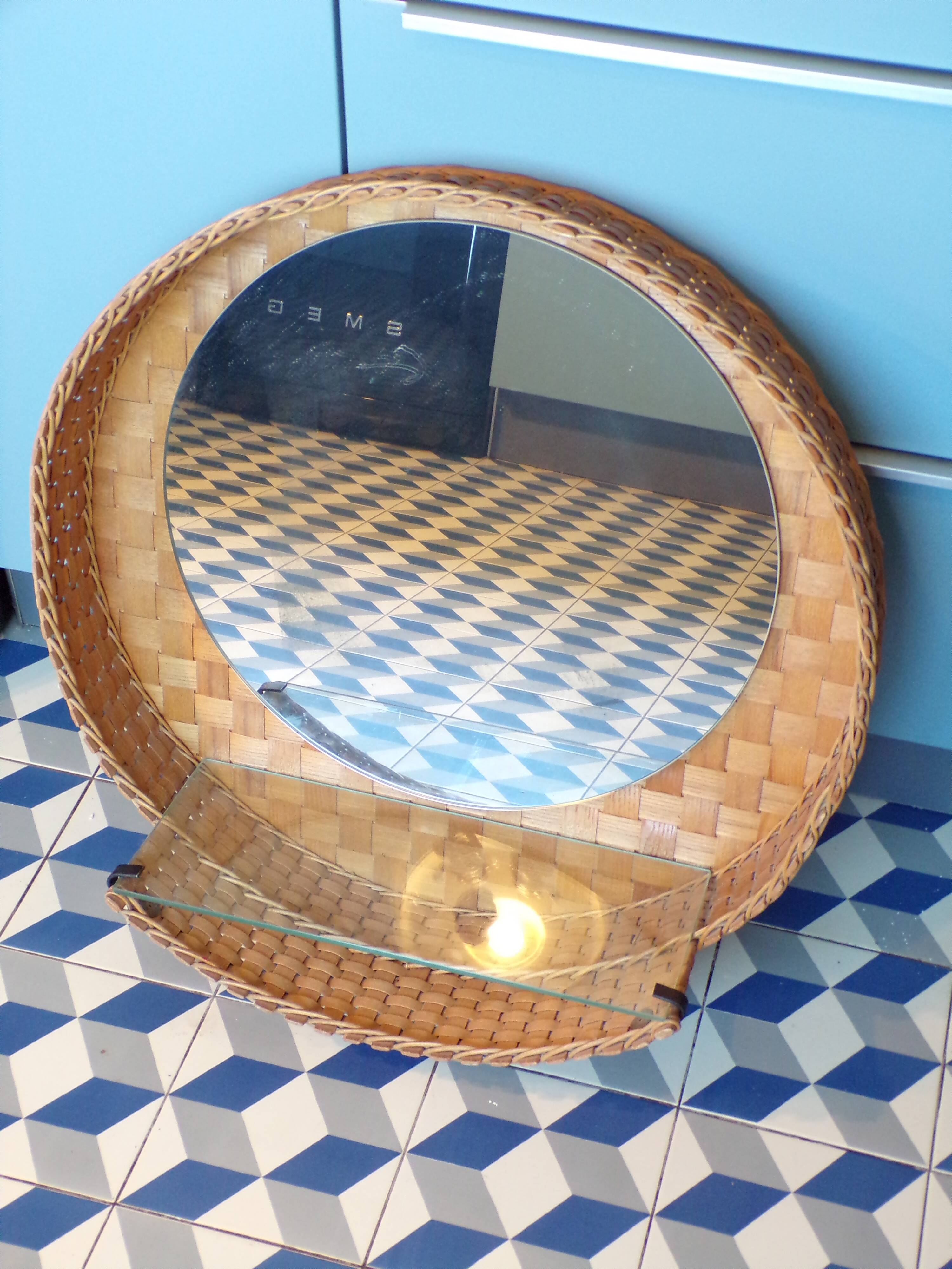 Vintage rattan wall mirror with glass shelf