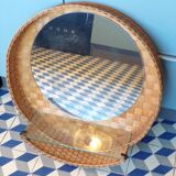 Vintage rattan wall mirror with glass shelf
