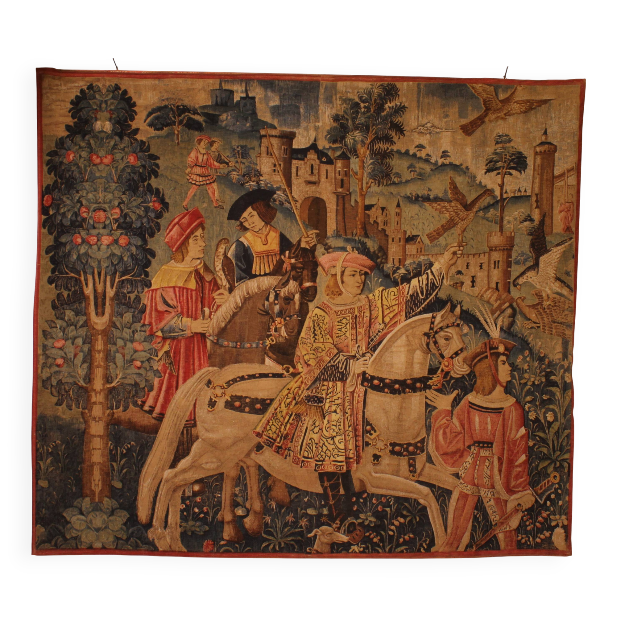 stencil tapestry - Gothic flamboyant falcon hunting scene - 19th century