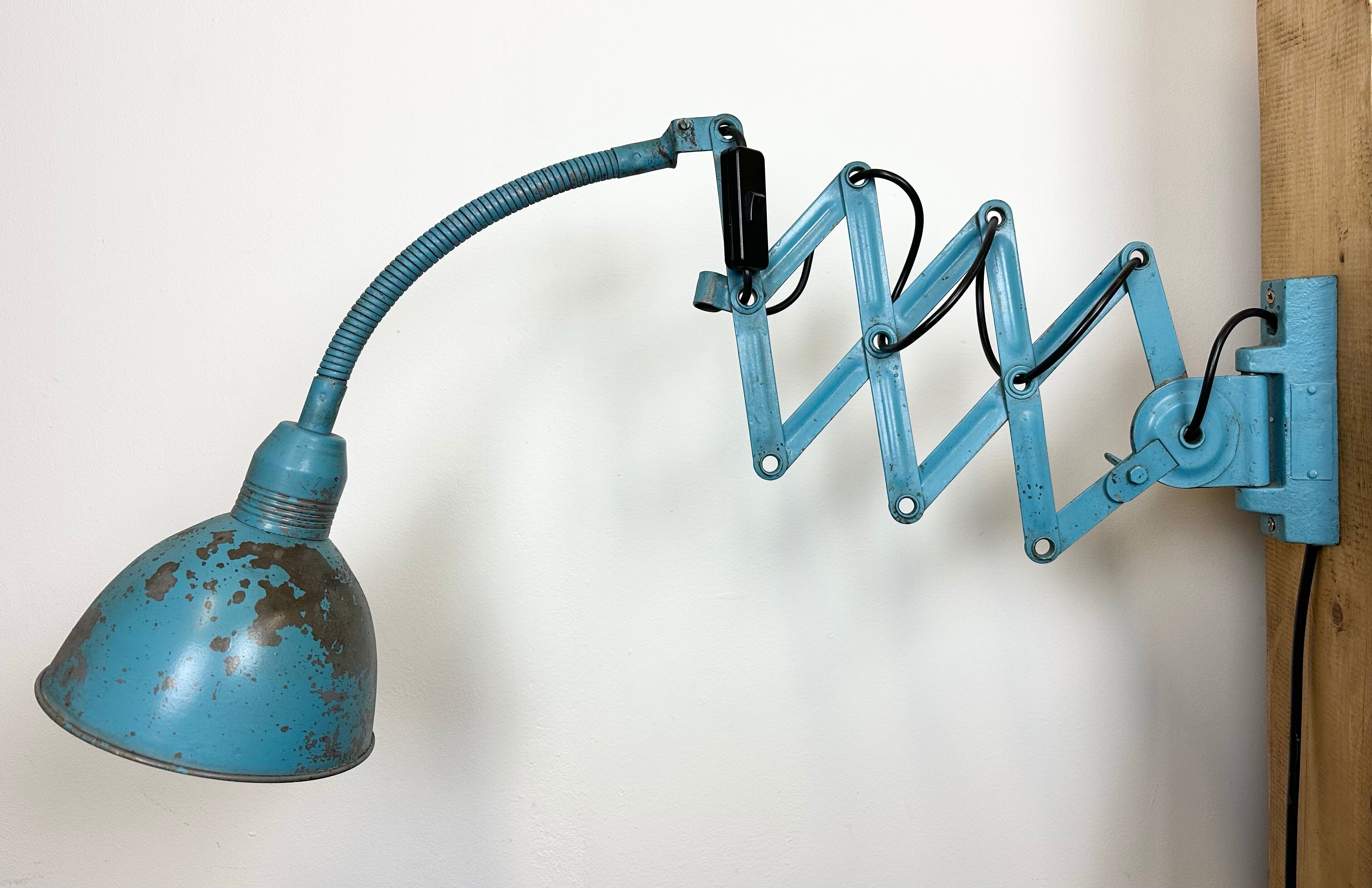 Blue Industrial Scissor Wall Lamp from Elektroinstala, 1960s