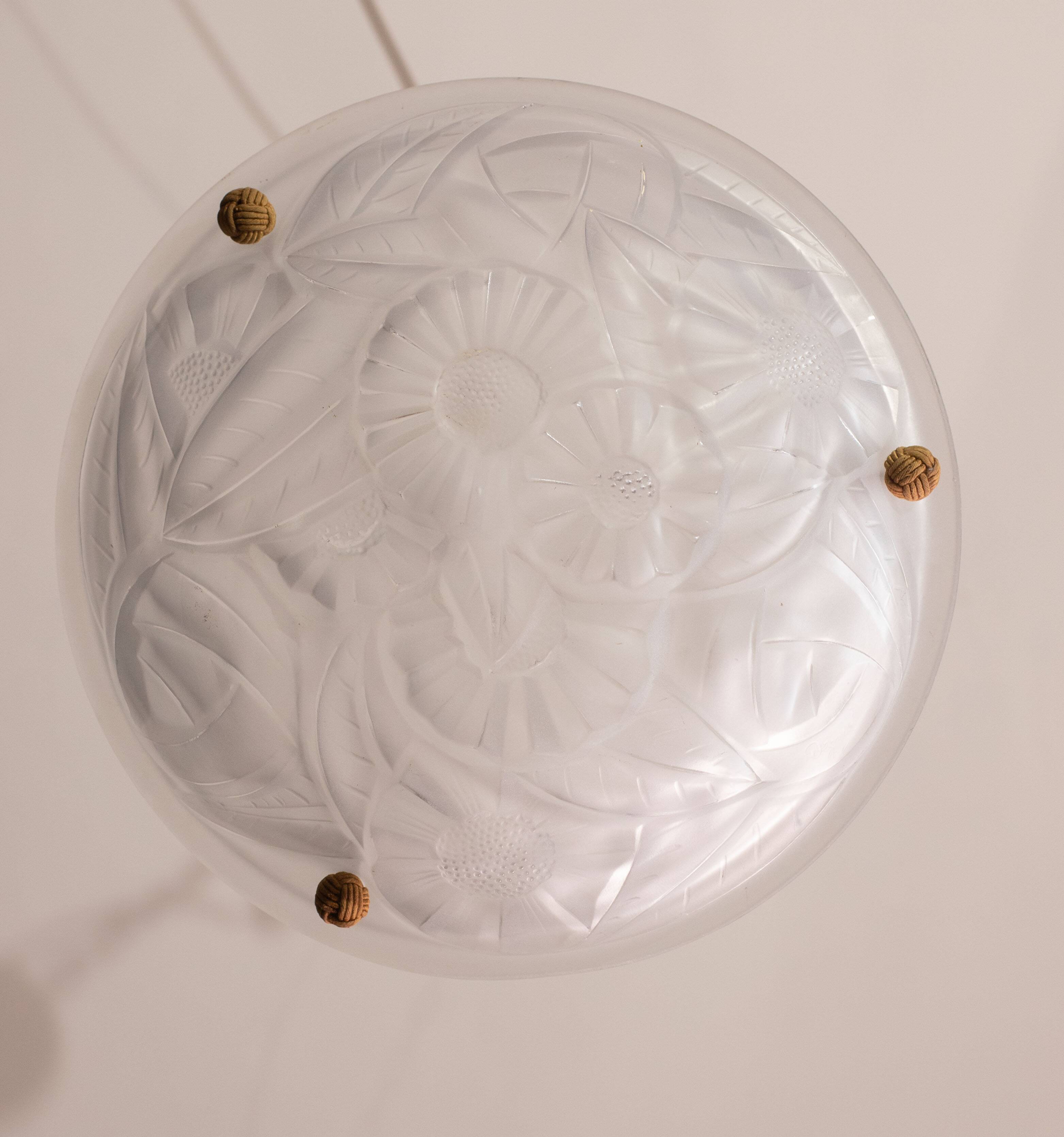 Art Deco Top Quality Pendant Light Floral decorations, Signed Degué