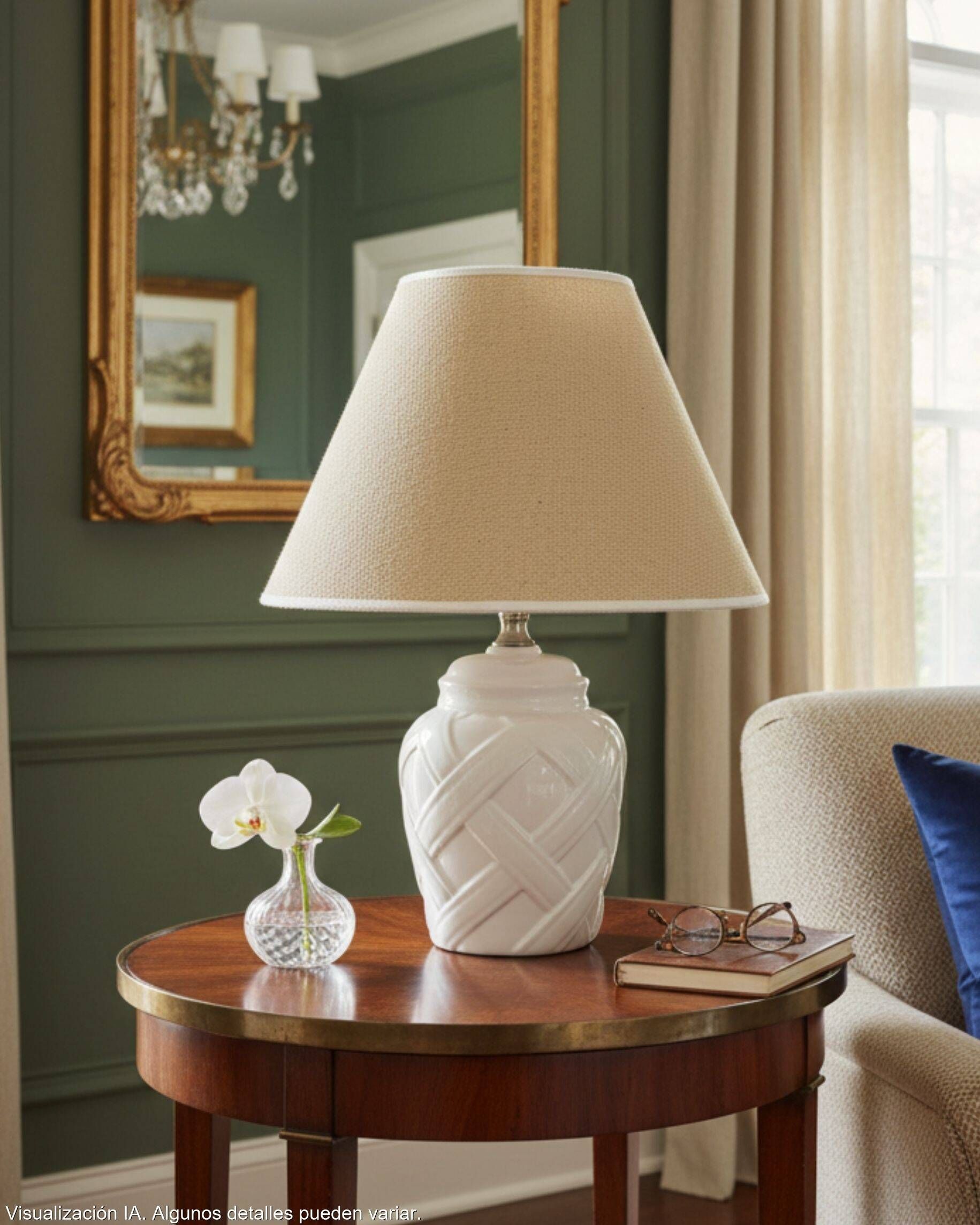 White ceramic lamp base from Manises, intertwined geometric relief.