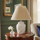 White ceramic lamp base from Manises, intertwined geometric relief.