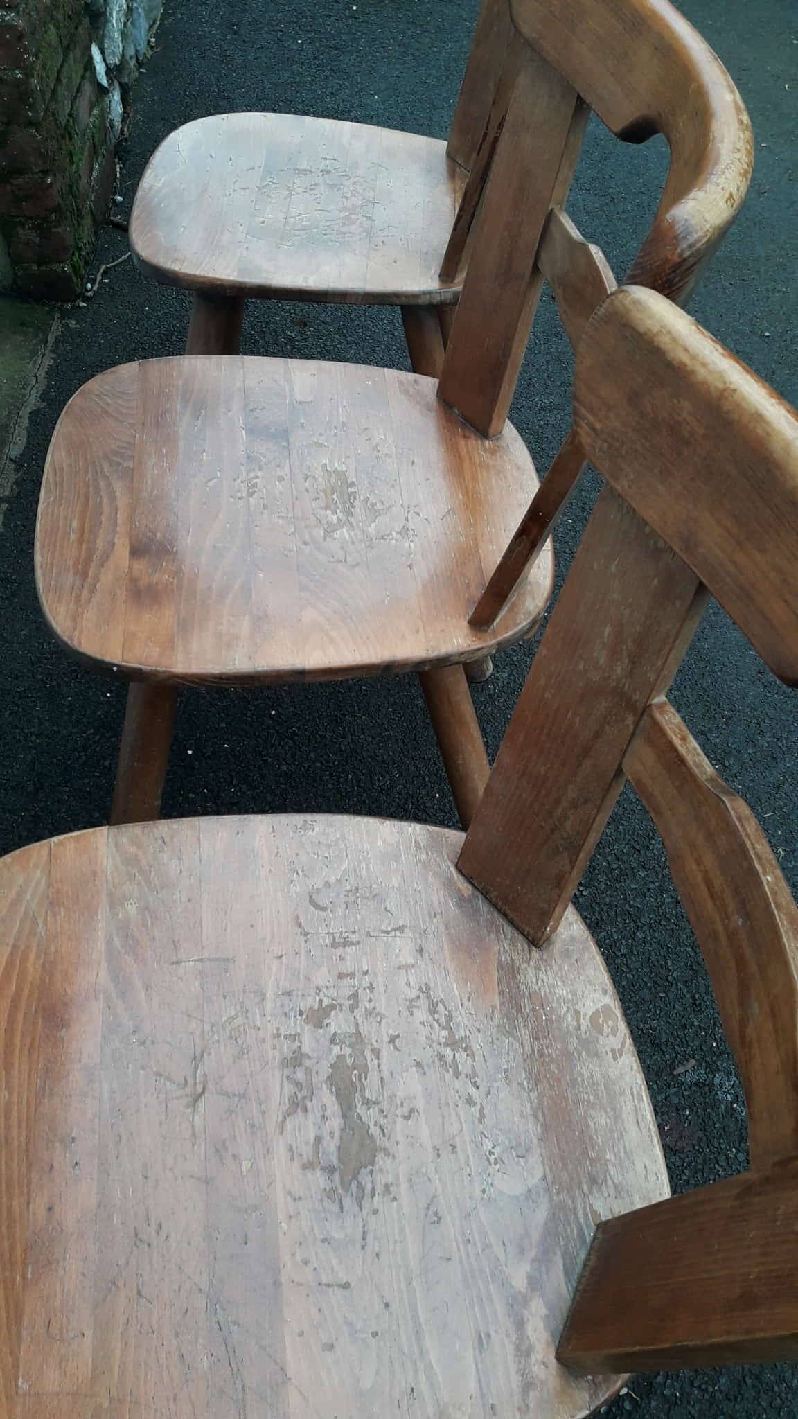 Set of 4 antique Tilburg solid wood brutalist chairs