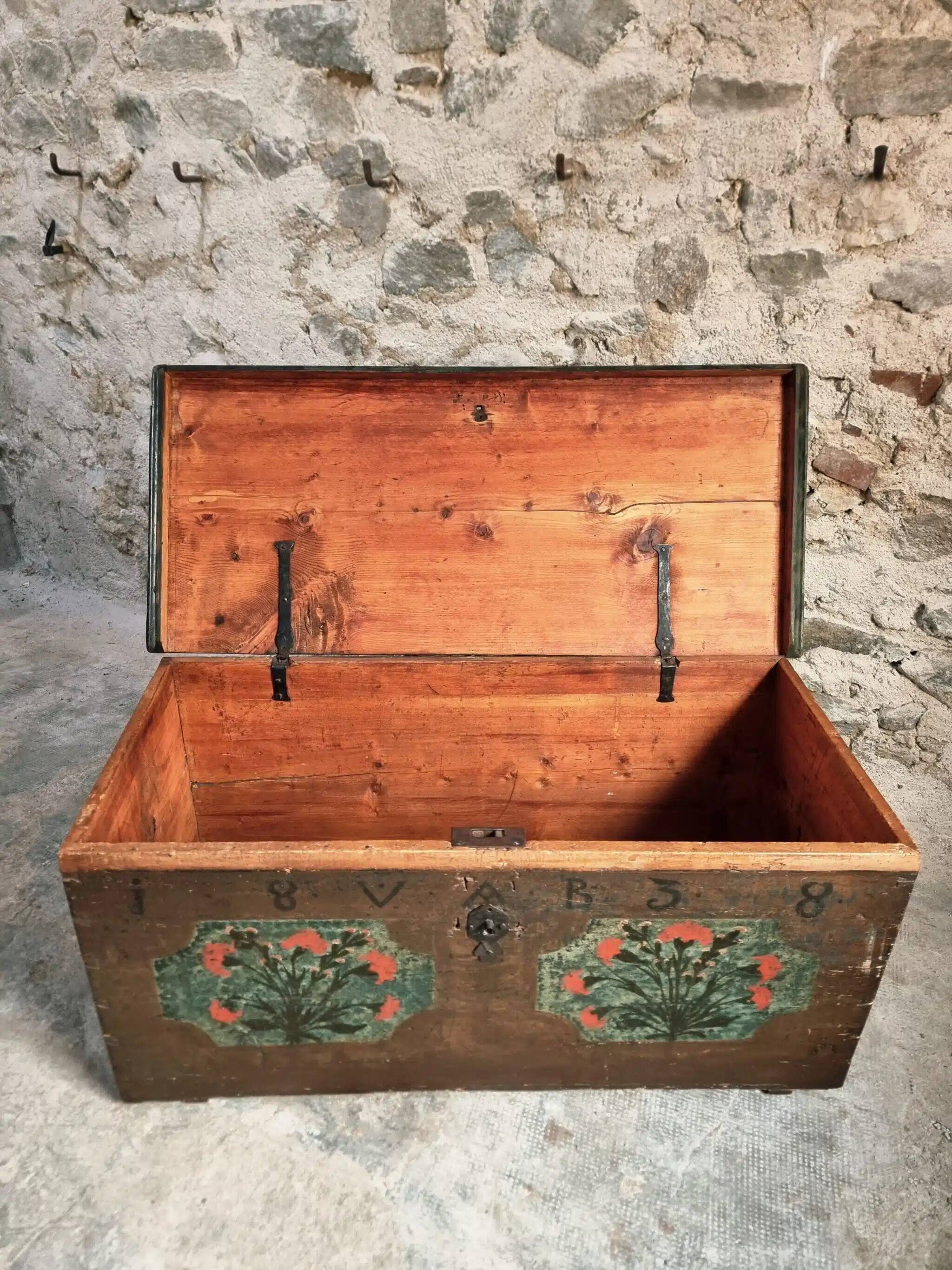 Antique French pine chest – 1838, painted folk art