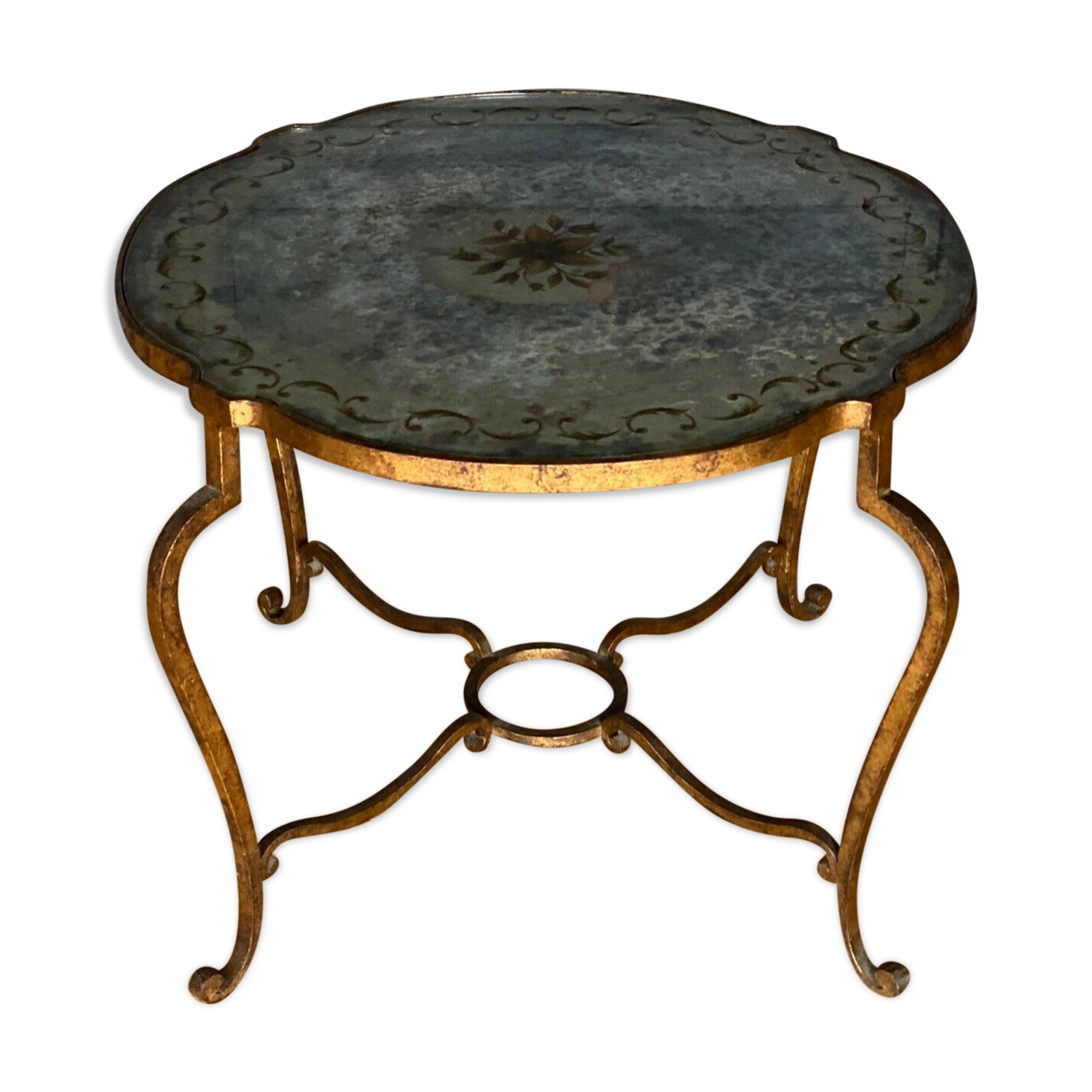 Gueridon 1940 french work ironwork doree plateau eglomise