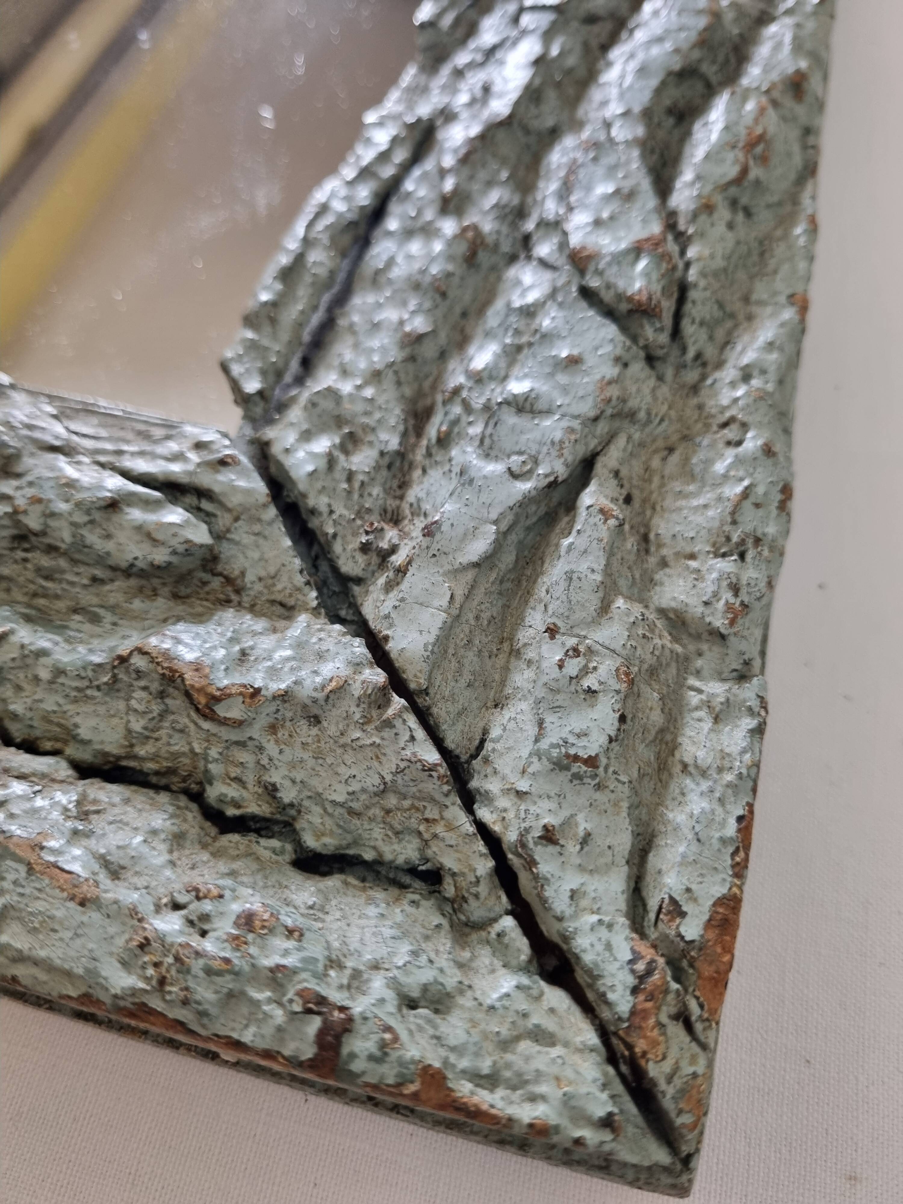 Old mirror, wooden bark frame with rustic patina, 65 cm by 50 cm