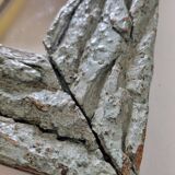 Old mirror, wooden bark frame with rustic patina, 65 cm by 50 cm