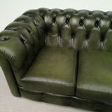 Three-seater green leather Chesterfield sofa