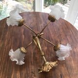 Art nouveau chandelier bronze and pressed glass