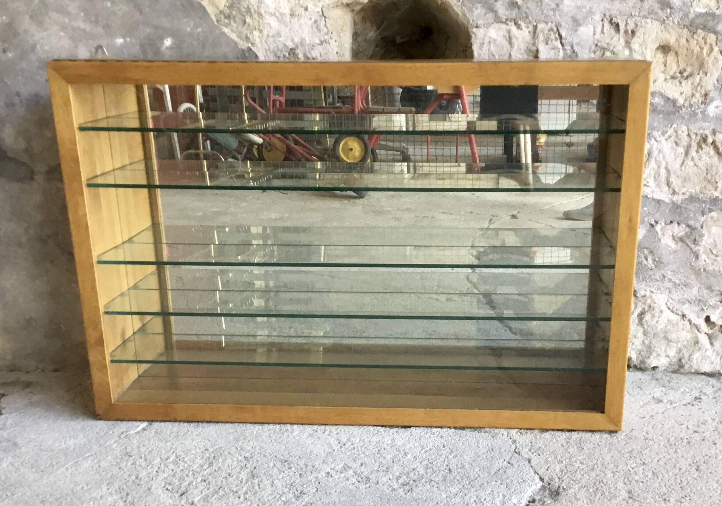 Large pharmacy wall display case in light oak - vintage 1960