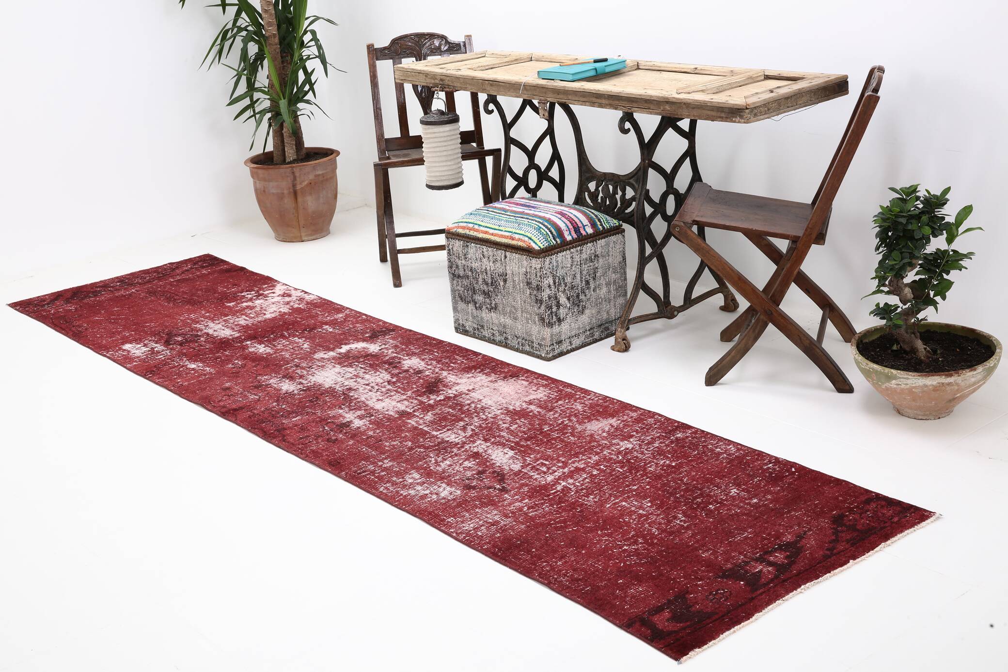 3x11 Shade Of Wine Red Handmade Turkish Vintage Runner Rug