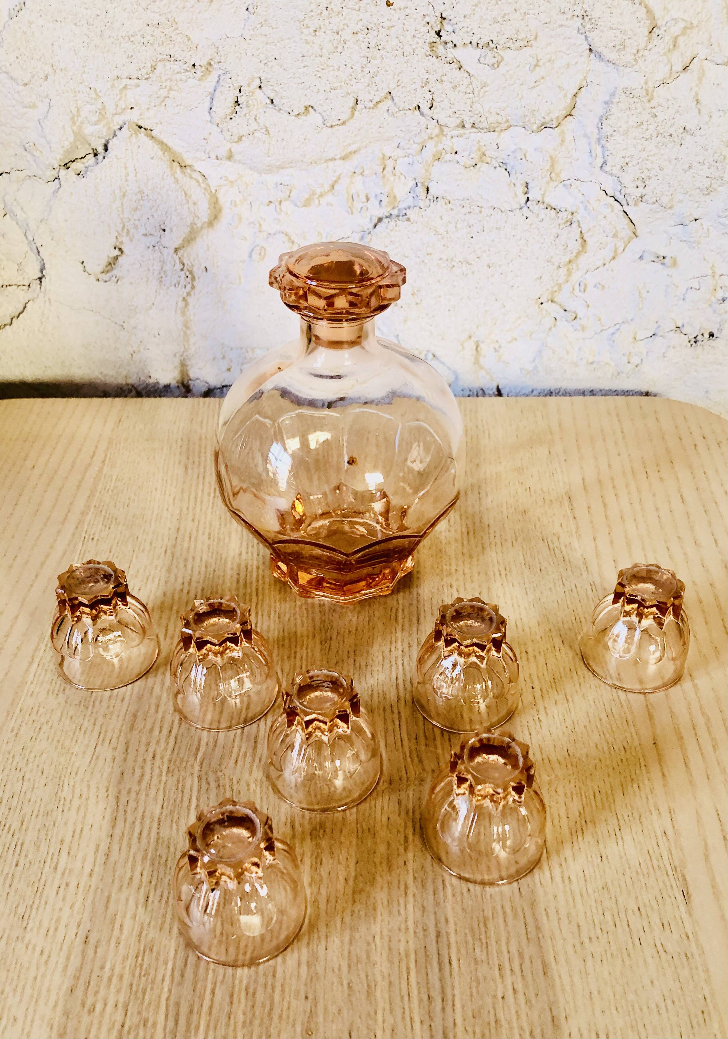 Vintage pink glass liqueur set