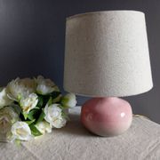 Lampe de chevet céramique rose moucheté signé, abat jour lin