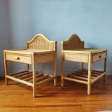 Pair of vintage 80s bedside tables in light rattan.