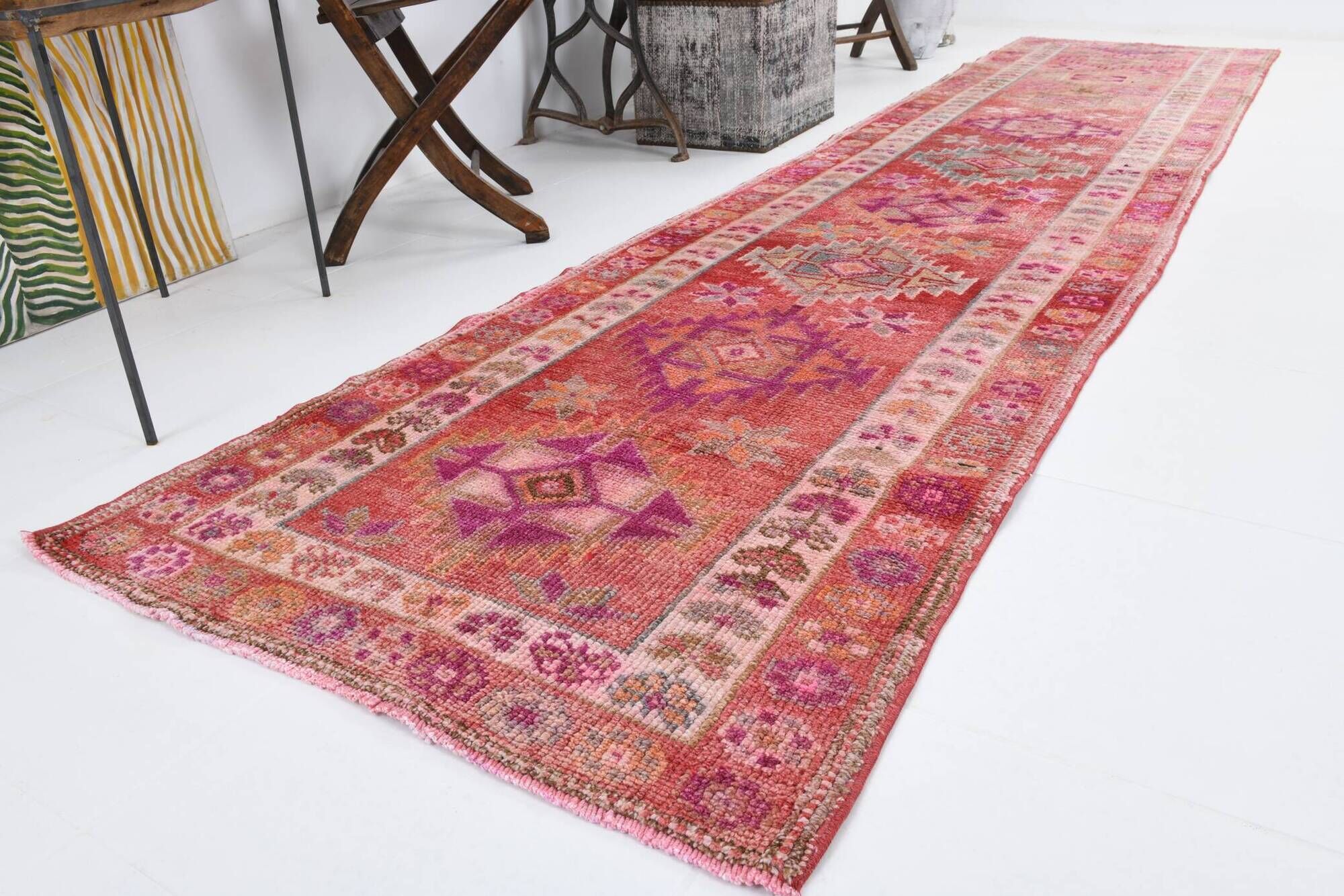 3x12 Vintage Pink & Red Turkish Runner Rug, Super Soft Rug, 86x378Cm