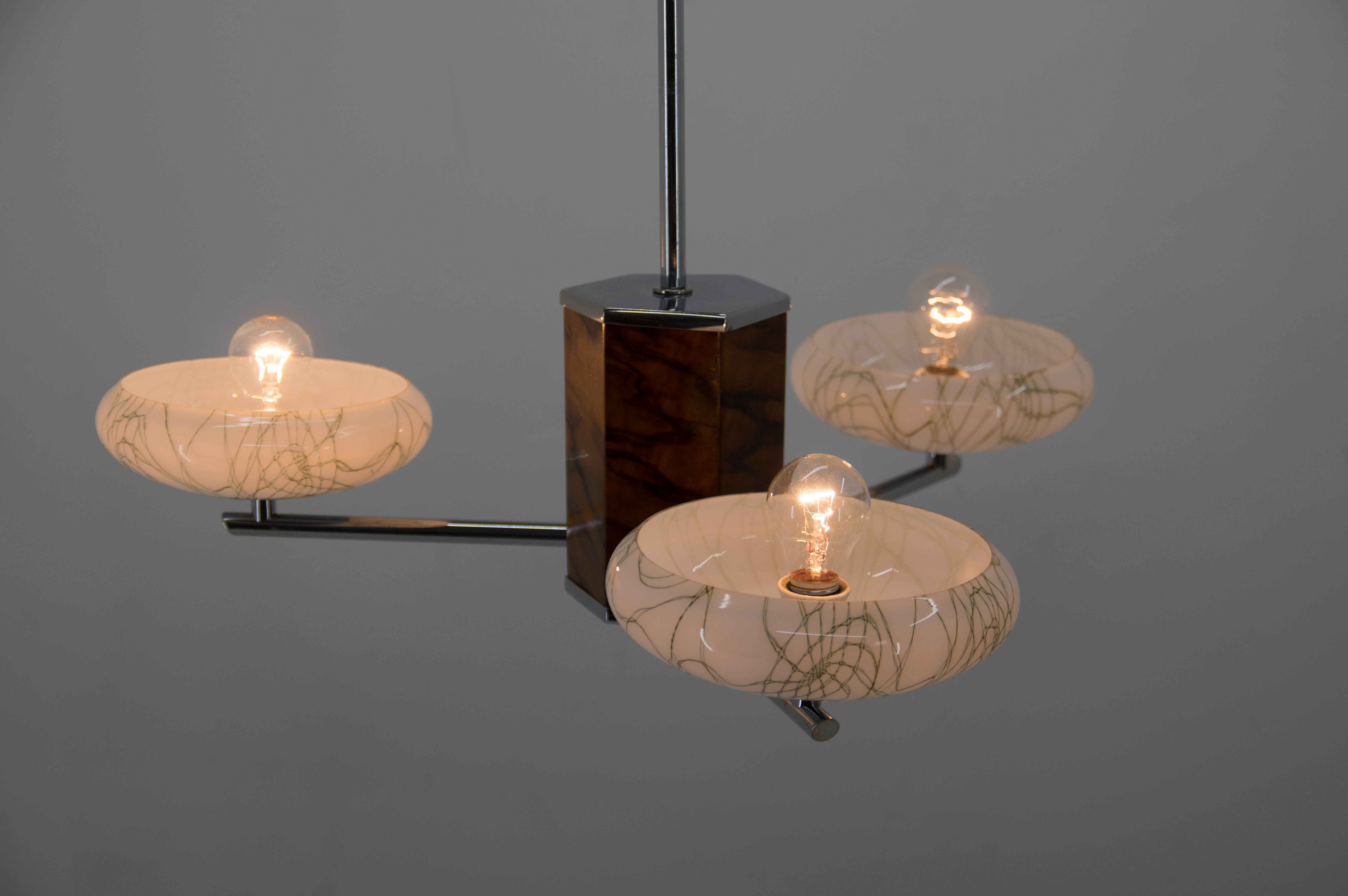 Art deco wood chrome and glass chandelier, 1940s, restored