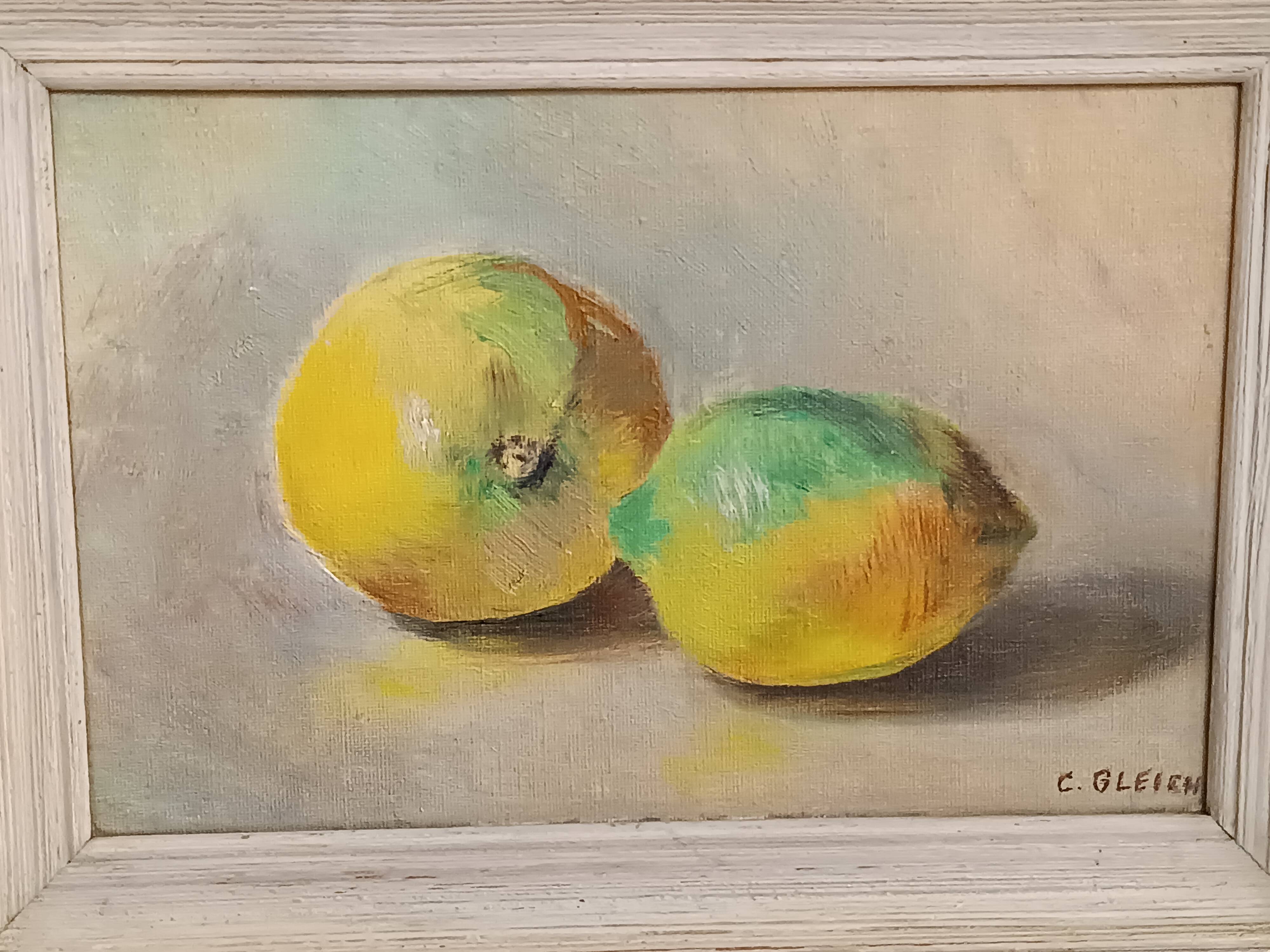Oil painting still life with two lemons 1960 signed