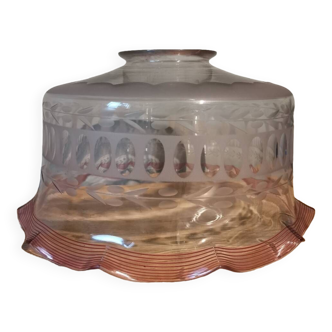 Globe de lampe en verre vintage ciselé sablé motif et liseré rose