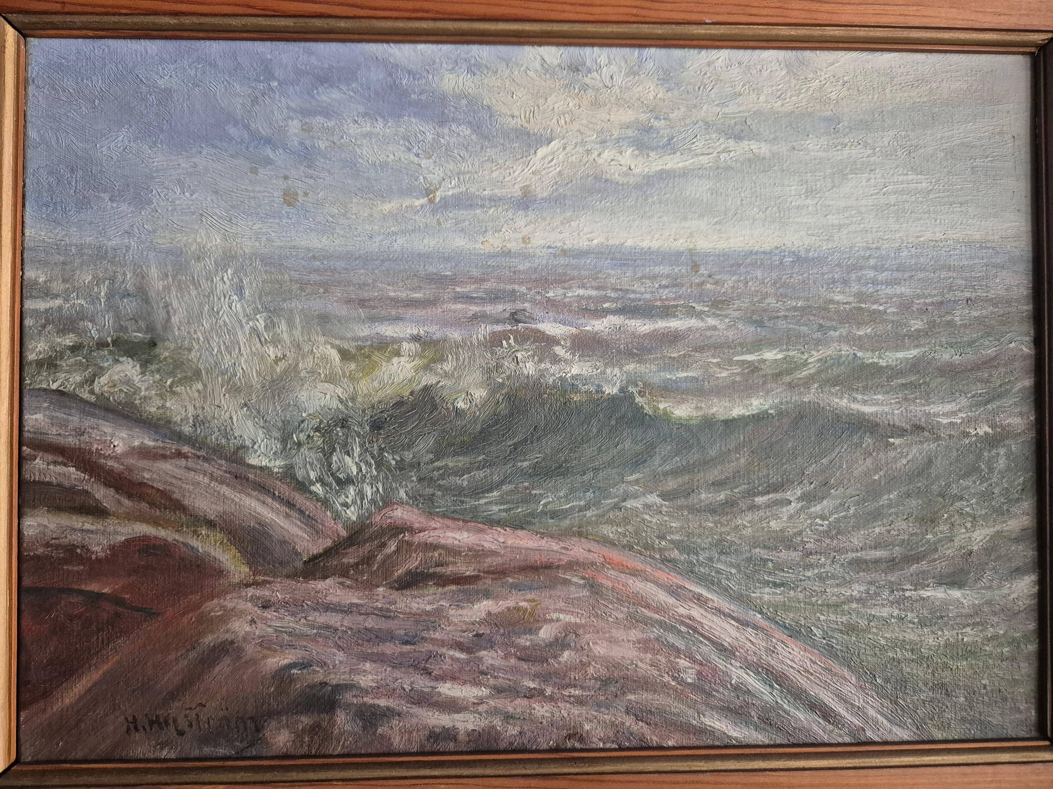 Swedish oil painting, ocean/archipelago motif with pine frame, mid-1900s.