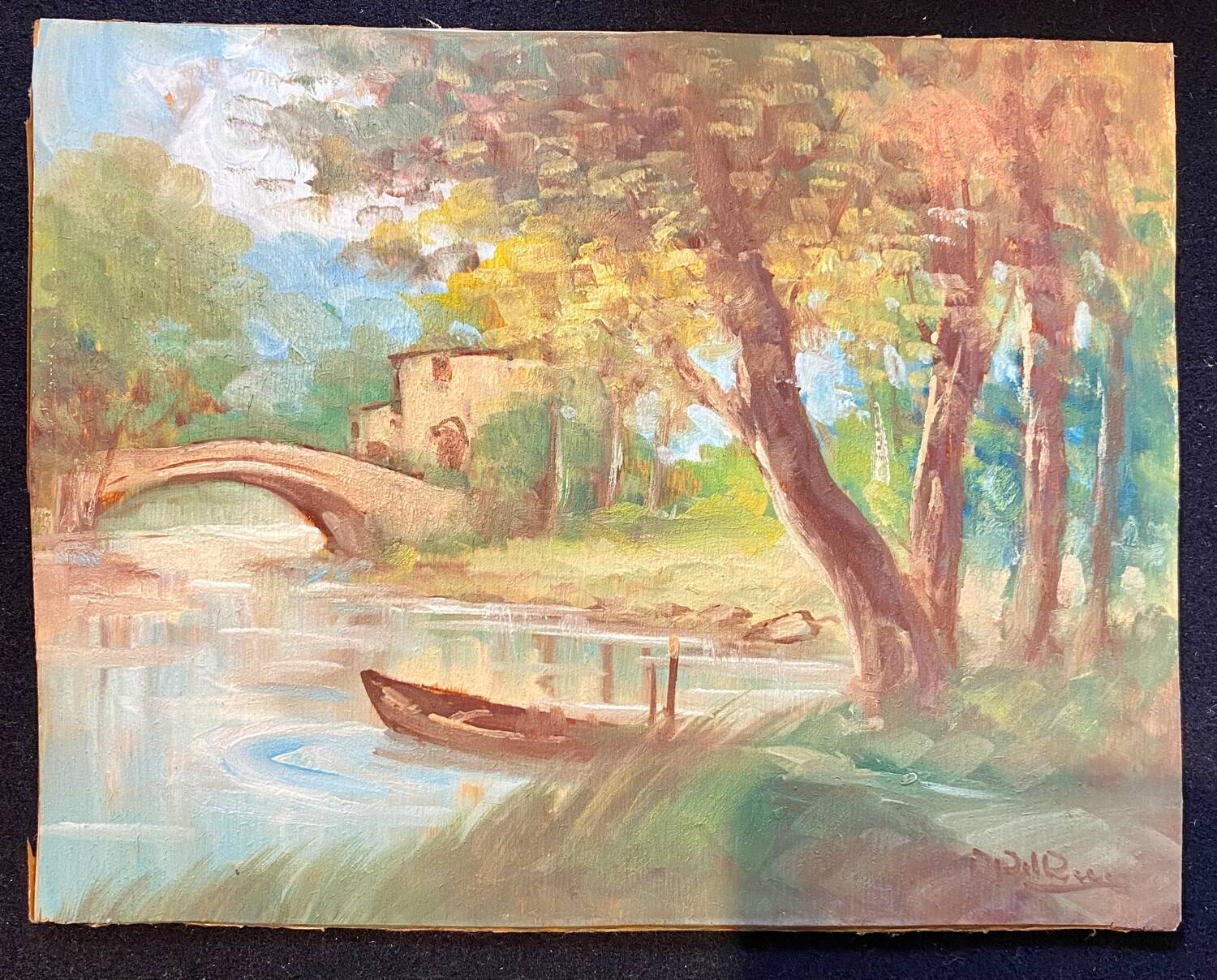 Tableau ancien paysage à la rivière XX siècle