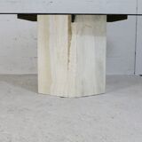 Living table, Comblanchian stone base and elliptical tray in smoked glass, Italy, 1970