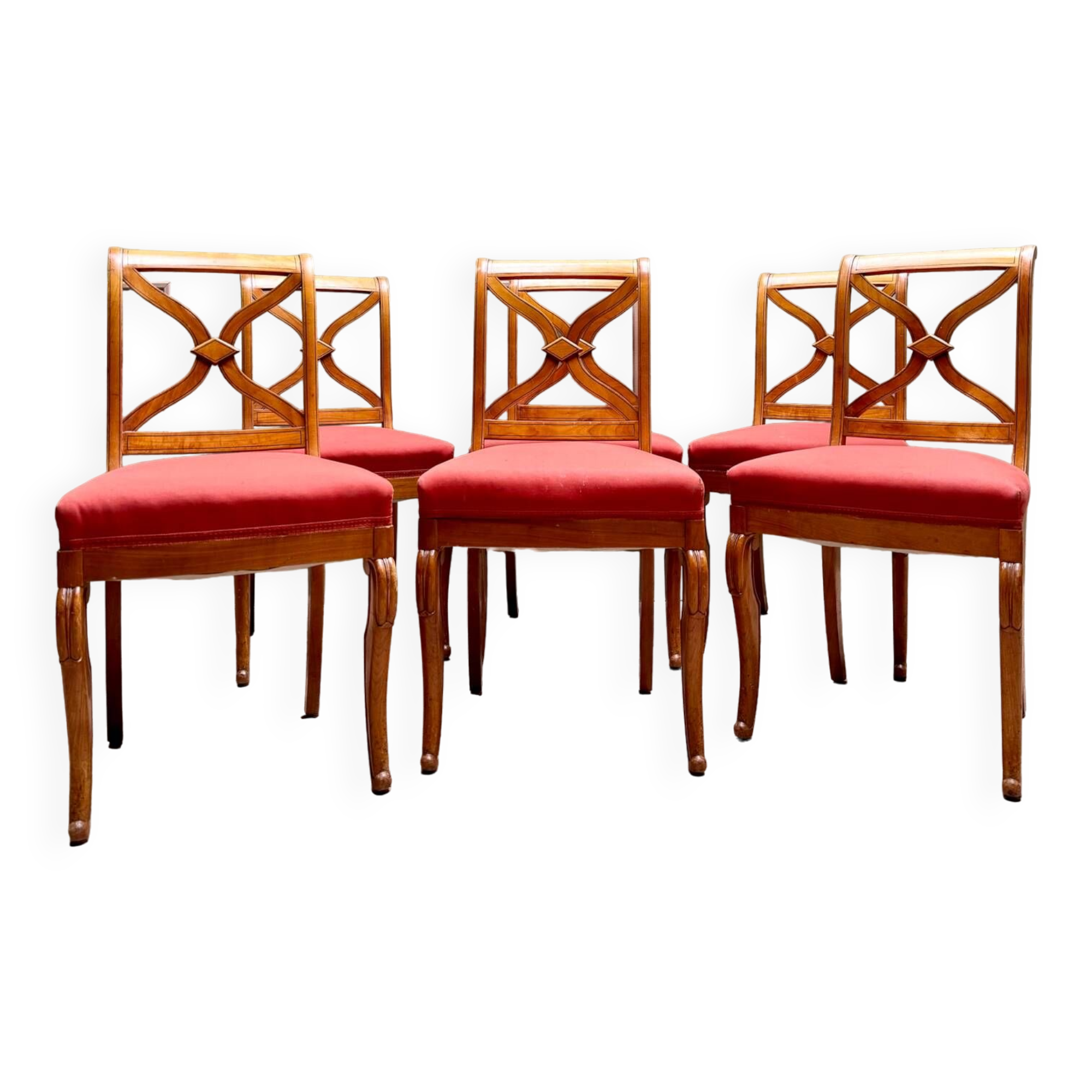 Suite Of Six Chairs In Cherrywood Cross Backrest Restoration Style 20th Century
