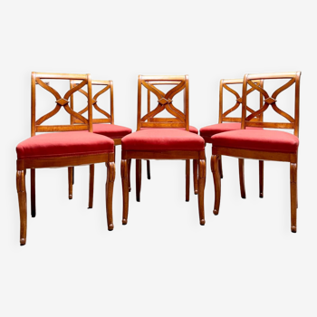 Suite de six chaises en merisier dossier croisillon de style Restauration, XXème siècle