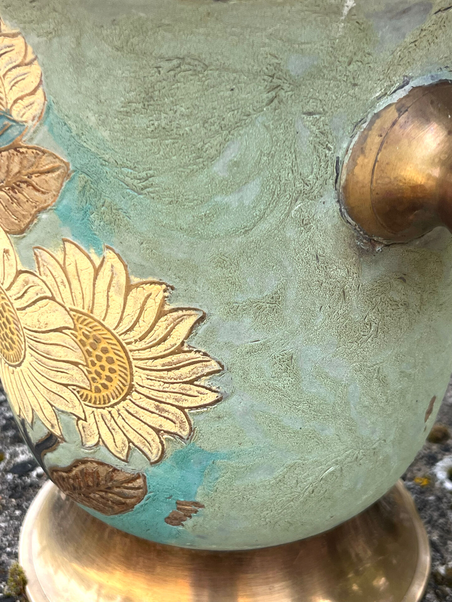 Cloisonne Brass champagne bucket with sunflower relief decoration