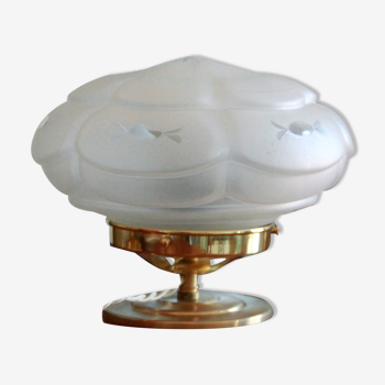 Bedside table lamp desk brass globe frosted glass and engraved old vintage