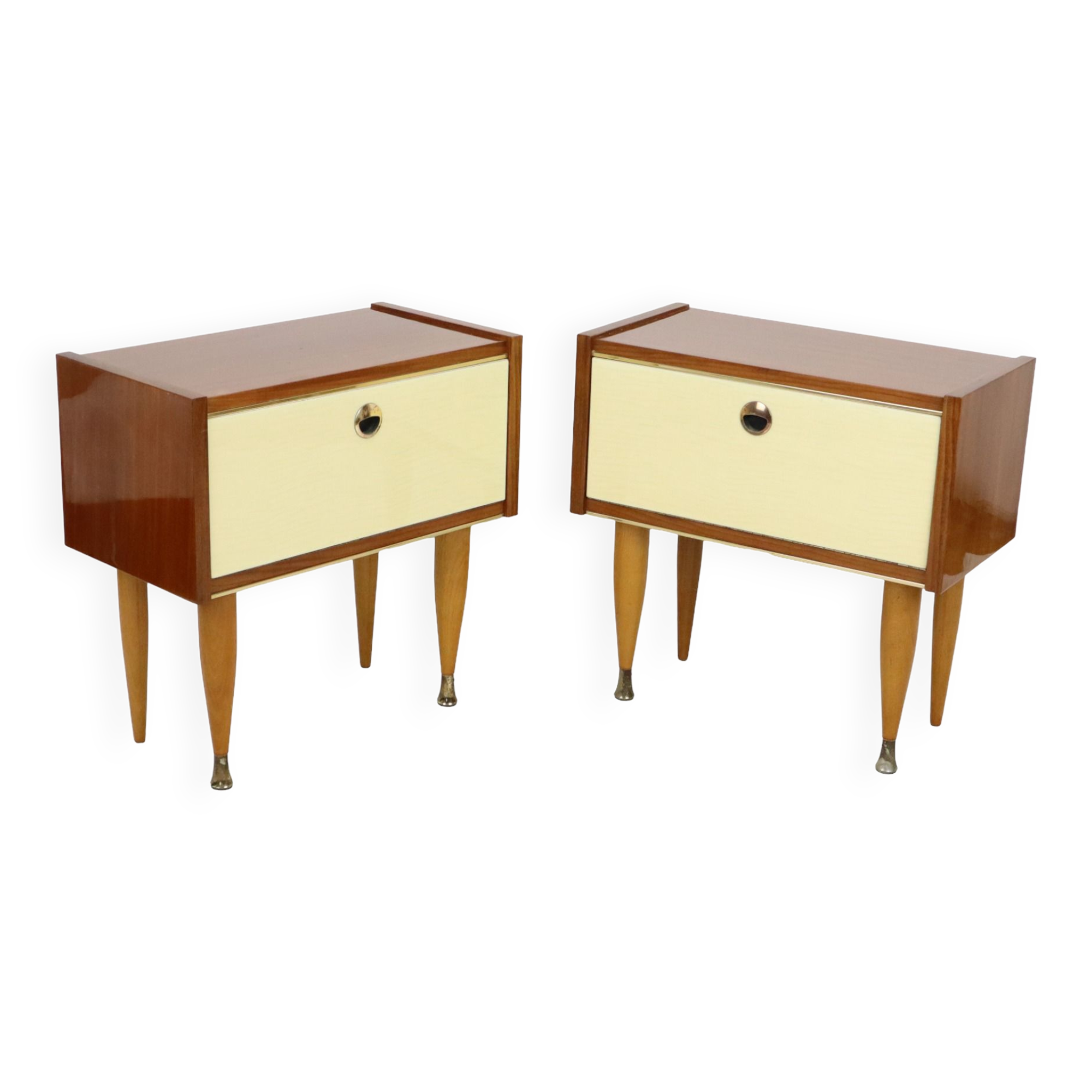 Pair of vintage wooden bedside tables hinged door conical 1960s design