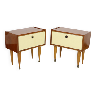 Pair of vintage wooden bedside tables hinged door conical 1960s design