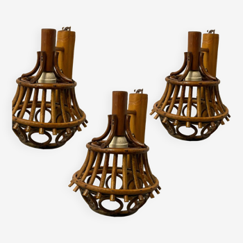 Bamboo Rattan Sconces Set of 3 1960’s in the style of Louis Sognot