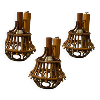 Lot de 3 appliques en rotin et bambou des années 60 dans le style de Louis Sognot