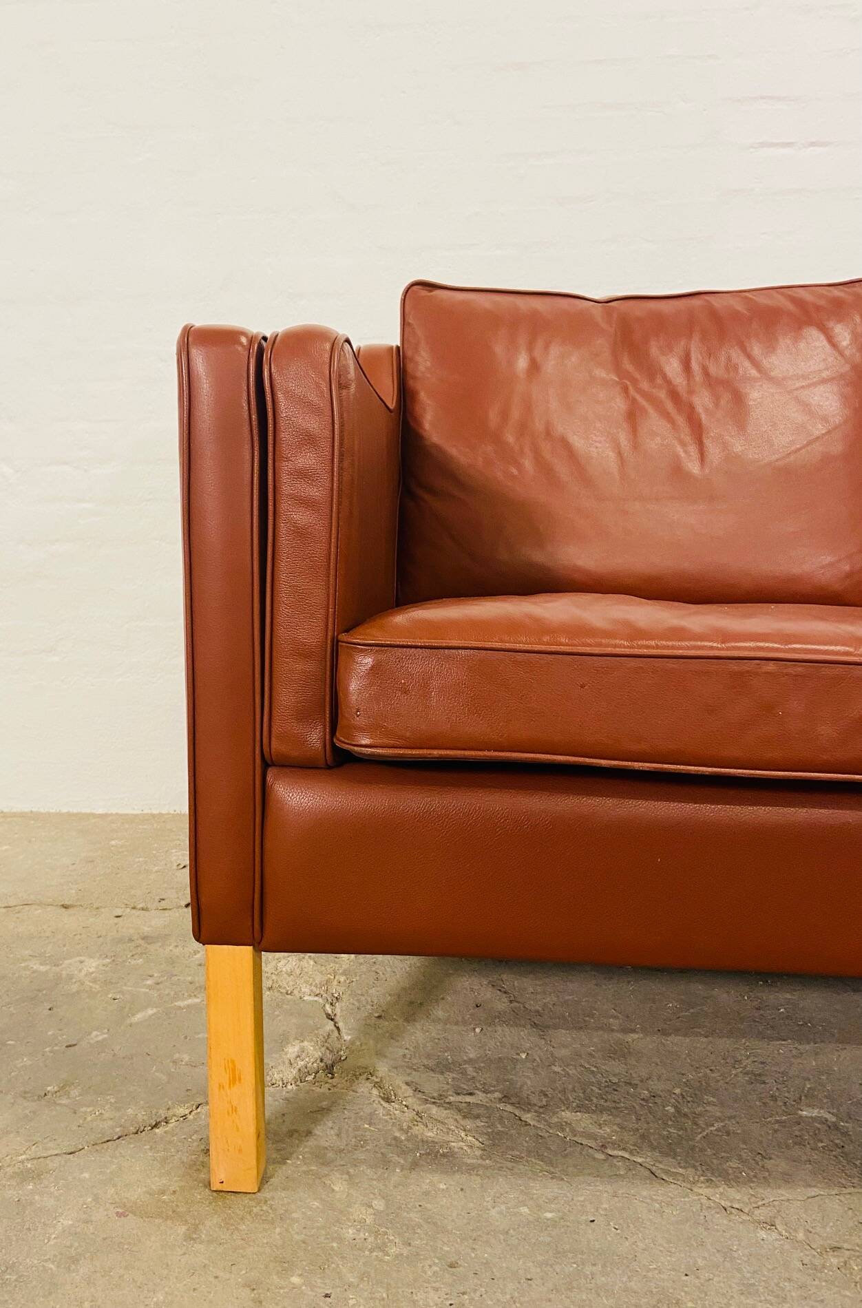 Vintage danish mid century stouby dark cognac leather 2 seater sofa