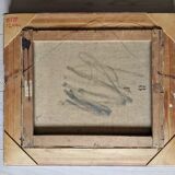 Vintage mid century modern winter landscape framed oil painting - the long road