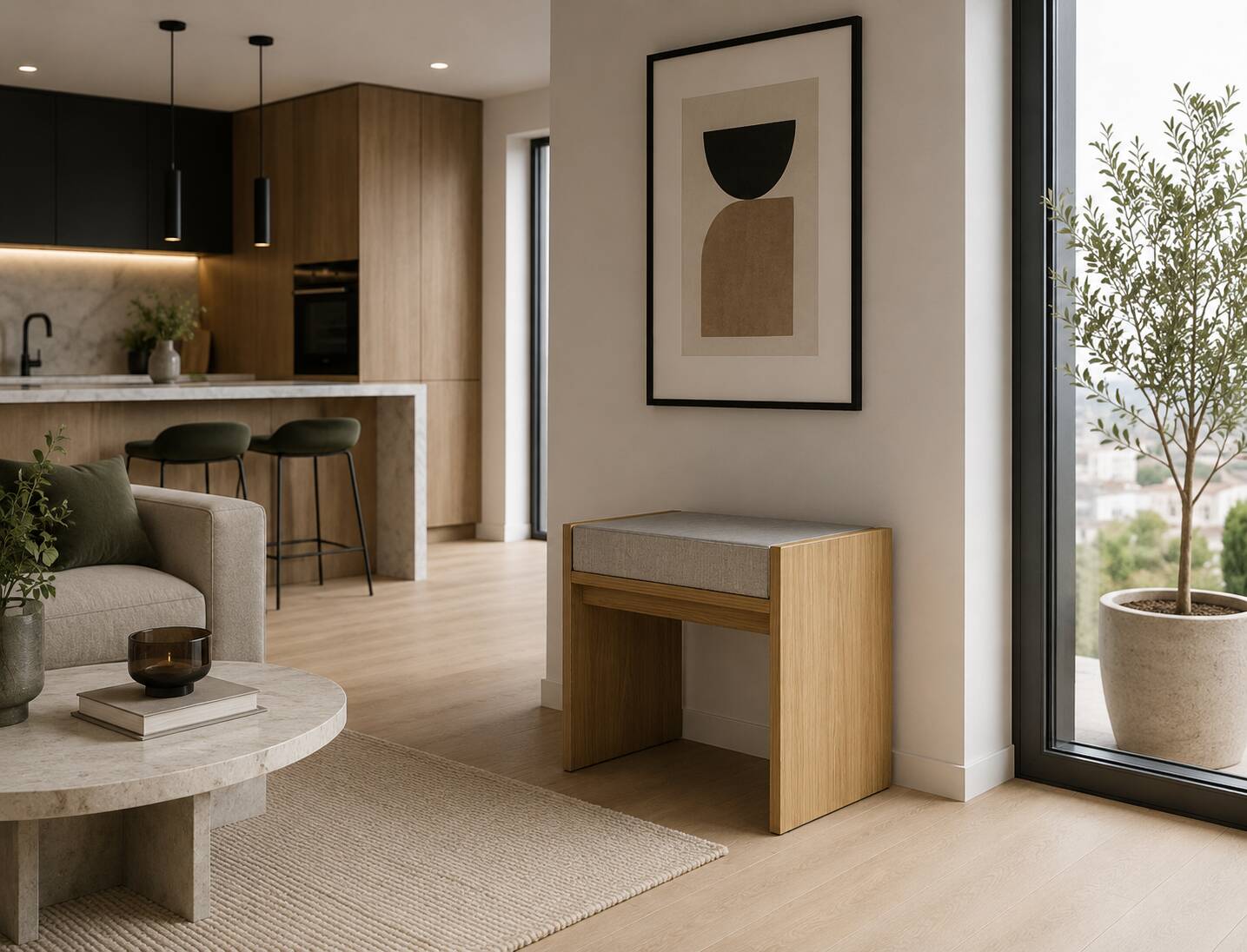 Solid oak stool with cushion (customisable)