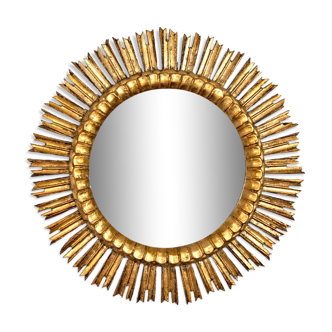 Golden wooden sun mirror, mid century, 63cm