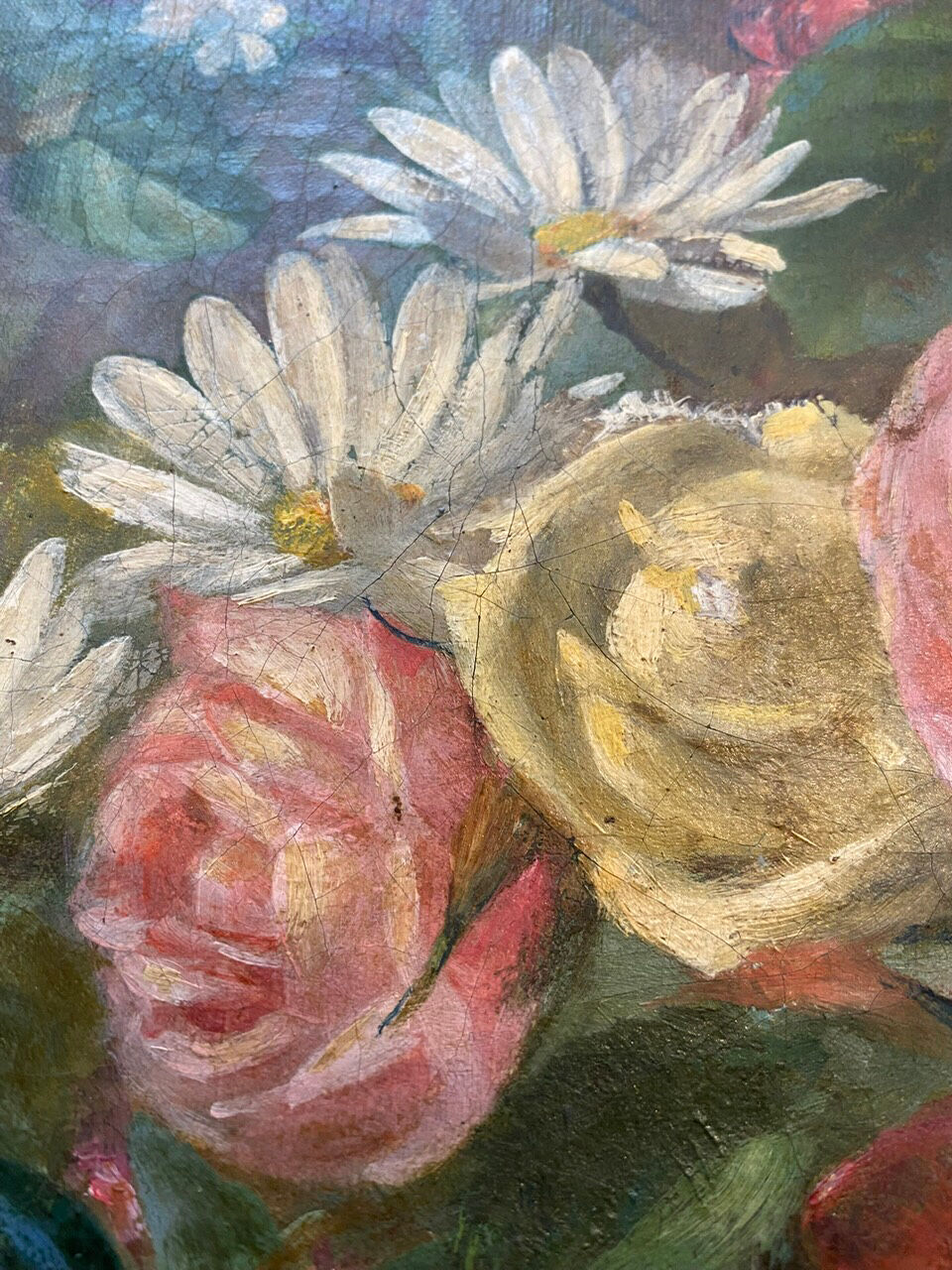 Old painting, still life with daisy roses and wild flowers, signed, early XX century